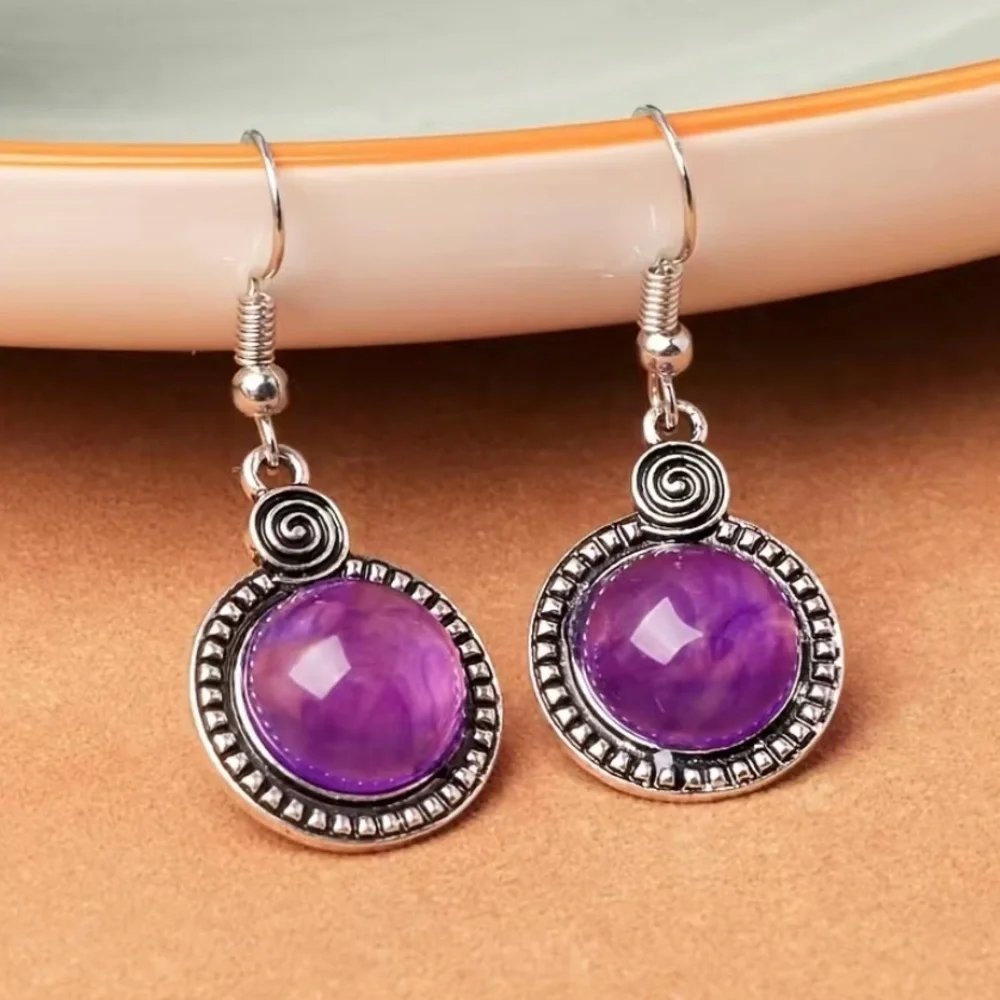 Silver Plated Purple Stone Vintage Boho Drop Earrings